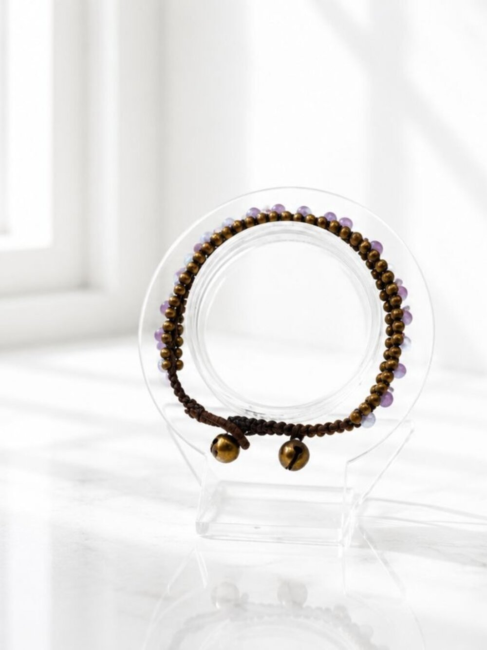 Handmade Adjustable Beaded Bracelet With Brass Bells & Amethyst Accents Boho Sty